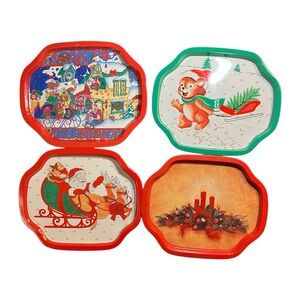 Vintage Christmas Metal Trays Santa & Reindeer Bear Candles 7.5” Set Of 4 1980s